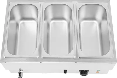 Obrázok produktu pre Elektrický ohrievač jedál – Bain-Marie – 3 nádoby – 56×38×27 cm – nastaviteľná teplota 30–110 °C – pre bufety/reštaurácie/catering – sivá