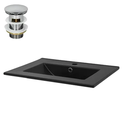 Productafbeelding van LuxeBath Wastafel, opzetwastafel, rechthoekig, 61,5x47x17,5 cm, zwart, van keramiek, inclusief afvoerputje met overloop
