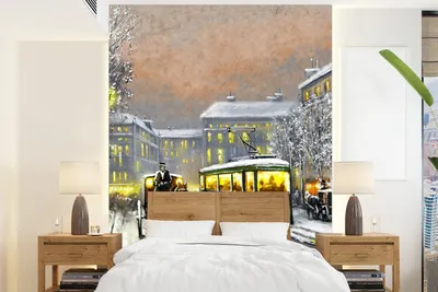 Produktbild von MuchoWow® Fototapete für Wohnzimmer oder Schlafzimmer Wandtapete Vinyl Motivtapete Gemälde - Ölgemälde - Winter - Straßenbahn - Pferd - 165x220 cm - Wanddekorationen