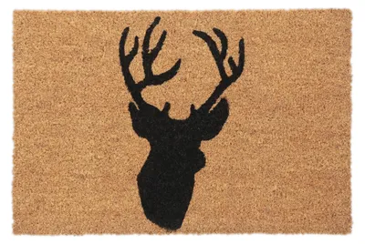 Image de Tapis d'entrée Relaxdays en fibre de coco, motif cerf, 40 x 60 cm, antidérapant, résistant aux intempéries, pour l'intérieur et l'extérieur, naturel/noir