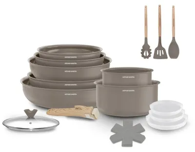 Image de Batterie de cuisine 18 pèces poignée amovible Taupe Arthur Martin AM7887