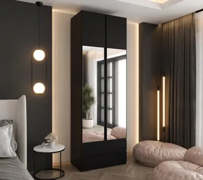 Produktbild von Drehtürenschrank 240x70x48 cm Schwarz mit 2 Spiegeln, Aufsatz und 2 Schubladen – Moderner Kleiderschrank ideal für Schlafzimmer und Flur