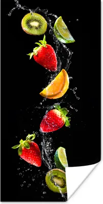 Produktbild von MuchoWow® Poster Obst - Wasser - Schwarz - Stillleben Erdbeere - Kiwi 60x120 cm - Wandschmuck