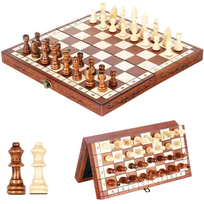 Produktbild von Magnetisches Schach- und Dame-Spiel, Holz-Faltbrett für unterwegs