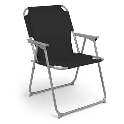A black camping chair with a gray metal frame is shown against a white background.