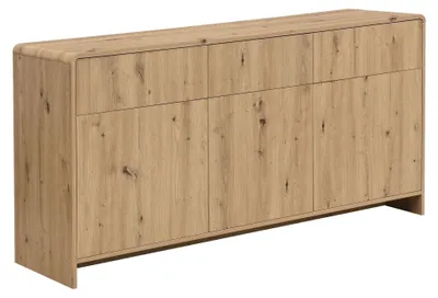 Sideboard Eiche Dekor 155 cm grifflos mit Push-to-Open in Gesamtansicht von vorne mit zwei Schubladen und zwei Türen.