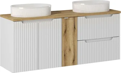 Obrázok produktu pre Kúpeľňová skrinka s hornou doskou a 2 umývadlami 140 cm biela matná + dub