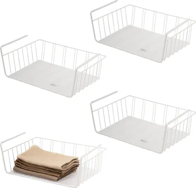 Obrázok produktu pre eluno košíky do skrine sada 4 ks vrátane políc a ochrany proti poškriabaniu, organizér do úložného koša do kuchyne, špajze, kancelárie, regálu, skrine, skrinky, kúpeľne, spodná polica, biela