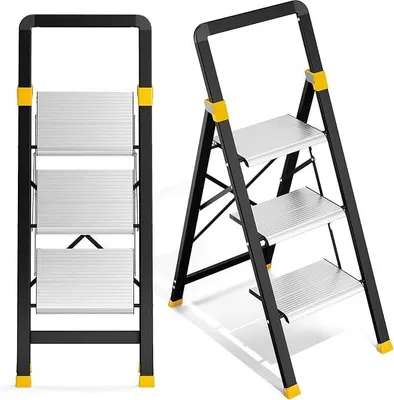 Produktbild von Trittleiter 3 Stufen Klappbar Aluminium, Klappleiter mit Handlauf, Haushaltsleiter Anti-Rutsch-Stabilem und Breitem Peda, Leiter bis 150kg Belastbar für Haushalt, Küche, Büro | Leicht, robust, tragbar, platzsparend, breite Anti-Rutsch-Pedale, Komfort-Handlauf, 150 kg Tragkraft