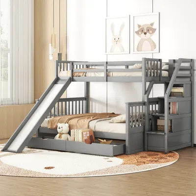 Produktbild von Kinderbett 90 x 200 über 140 x 200 Etagenbett mit Schubladen, Stauraum und Rutsche, Multifunktional Kinderbett