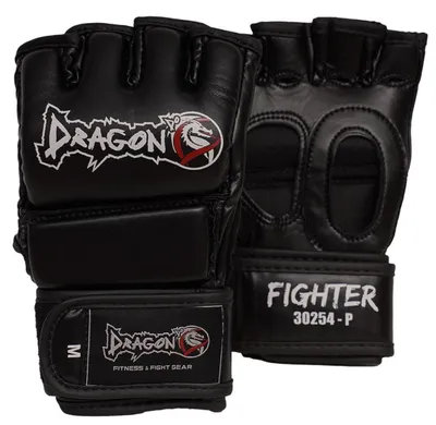 Productafbeelding van Dragon 30254-P Vechthandschoenen voor MMA, zwart. Professionele grappling- en freefight-handschoenen voor training, geschikt voor Muay Thai en het gebruik met een bokszak. Gemaakt van hoogwaardig kunstleer, met een open handpalm (maat S-M)