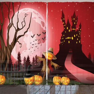 Immagine prodotto di ARANDE Tenda spaventapasseri, illustrazione a tema Halloween con fantasmi, castello in atmosfera inquietante, zucche, 280 x 225 cm, multicolore