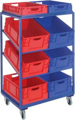 Produktbild von Kommissionierwagen mit 2 x Gr. 3, 6 x Gr. 4 Eurolagerkästen, Traglast 230 kg, Ladefläche 625 x 805 mm, 4 Etagen, inkl. 2 schräge Fachböden, enzianblau