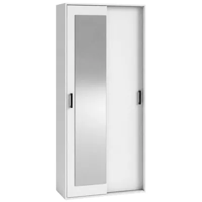 Produktbild von BEAUTYSOFA | Kleiderschrank LANO 90 cm Weiß Schrank mit Spiegel – Schwebetüren, Kompaktgarderobe, Garderobenschrank mit Regalen und Kleiderstange