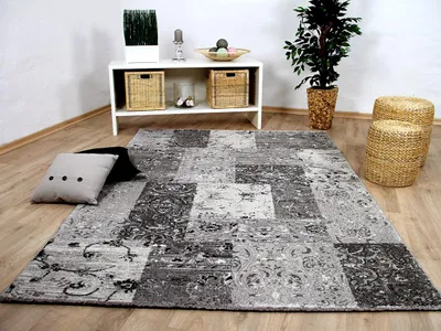 Produktbild von Designer Teppich Sevilla Modern Grau Karo Barock, Größe:80x150 cm