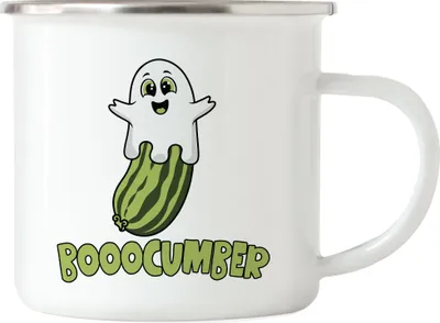 Produktbild von Booocumber Gurkenmotiv Emaille-Tasse Geschenkidee Halloween Geist Gemüse