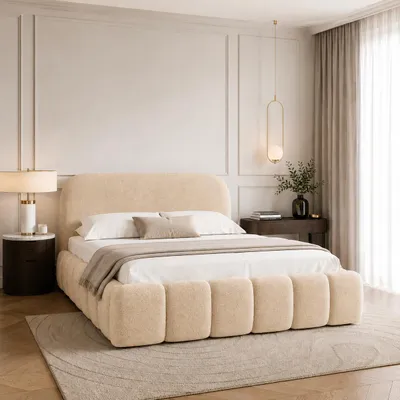Image de Lit coffre BELLURE, dimensions 180x200, lit double avec rangement et sommier à lattes, aspect boxspring, sans matelas, chambre à coucher - Beige