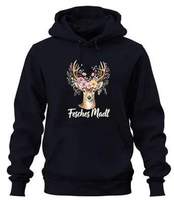 Imagen del producto de Chica con estilo, ciervo, flores, cuernos, traje tradicional, pantalones de cuero, sudadera con capucha, color azul marino, talla S