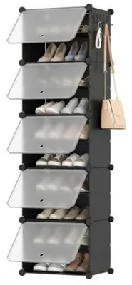 Productafbeelding van Schoenenrek met 10 niveaus, smal, met deuren, kunststof, zelfmontagesysteem, zwart/transparant