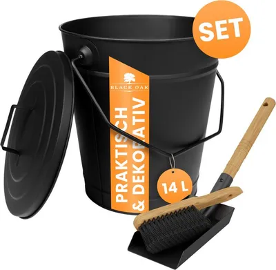 Produktbild von BLACK OAK Ascheeimer ETNA 14L – Set mit Schaufel & Besen schwarz rund mit Deckel Stahl