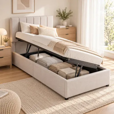 Imagen del producto de INONEFT, cama tapizada para niños, tamaño 90x200, cama individual con estructura de cama con espacio de almacenamiento hidráulico y cabecero ajustable, cama juvenil con somier, color beige