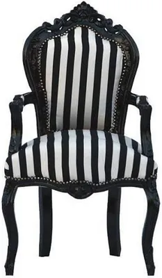 Produktbild von Casa Padrino Barock Esszimmerstuhl Schwarz / Weiß Streifen / Schwarz mit Armlehnen - Antik Stil Stuhl