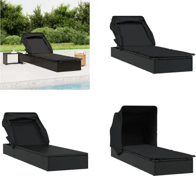 Produktbild von vidaXL Sonnenliege mit Faltdach Schwarz 213x63x97 cm Poly Rattan - Sonnenliege - Sonnenliegen - Sonnenbett - Tagesbett