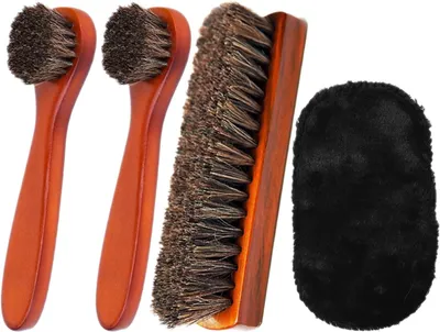 Produktbild von Set von 4 Schuhbürsten, Pferdehaar, 2 kleine runde Bürsten, 1 große Bürste, für Leder und Wildleder Schuhe
