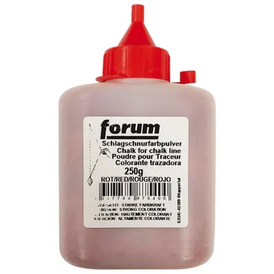 A bottle of red chalk powder for a chalk line.