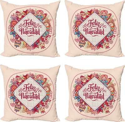 Produktbild von ABAKUHAUS Spanisch Kissenbezug Set (4 Stück), Feliz Navidad Weihnachten, Moderner Doppelseitiger Digitaldruck, 45 cm x 45 cm, Mehrfarbig