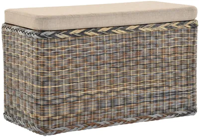 Produktbild von KRINES HOME Rattan Wäschekorb Wäschetruhe Sitz gepolstert Honig, Flur-Bank Aufbewahrungsbox mit Deckel Bad-Hocker Sitzhocker Wäschesammler Sitz-Truhe Natur (Mehrfarbig, Rechteckig)