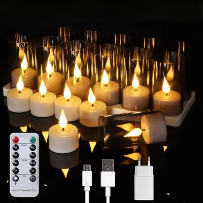 Image de Bougies LED rechargeables - Décorations festives - Avec télécommande et minuterie - Lot de 12 - Lumière blanche chaude