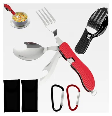 Produktbild von 2 Stück Campingbesteck 4 in 1 Set, Klappbesteck aus Edelstahl für Outdoor-Aktivitäten