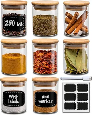 Produktbild von Kräuterdösenset 8x 250ml - mit Etiketten und Etikettierstift - luftdicht - Spülmaschinetauglich - Küchenorganisation - Kräuterdöschen für Gewürze - Kräuter & Tee