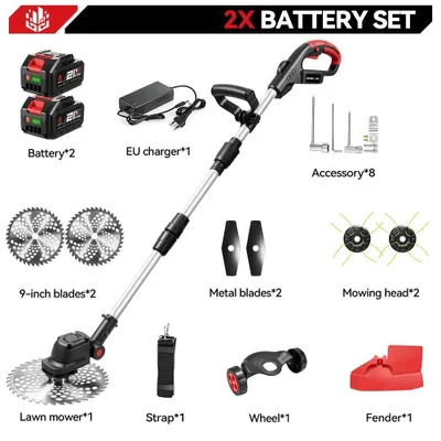 Zdjęcie produktu dla Akumulatorowa kosiarka i trymer - Elektryczna kosiarka - Bezprzewodowa, 18V, silnik bezszczotkowy, szerokość koszenia 23 cm, składany uchwyt, zestaw z 2 akumulatorami