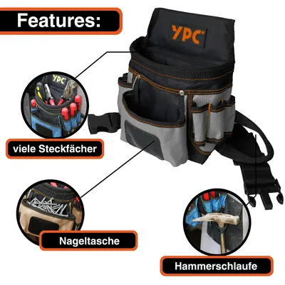 Produktbild von YPC Presto Werkzeug Gürteltasche XL, wasserfeste Werkzeugtasche, 12 Taschen, Grau-Schwarz