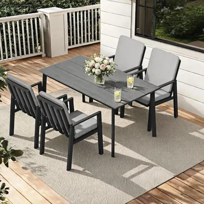Produktbild von RICHLY Gartenlounge-Set Aluminium Gartenmöbelset (Garten Essgruppe für 4 Personen, 5-tlg., 4 x Sessel, 1 x Esstisch), wetterfestes Loungeset, schwarz