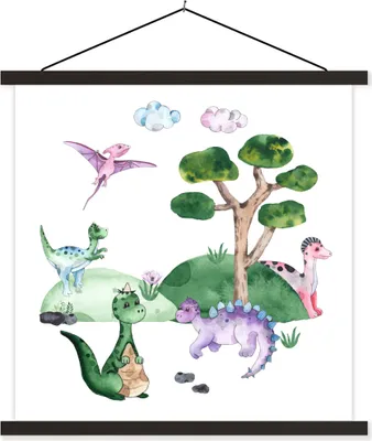 Produktbild von MuchoWow® Textilposter Kinderzimmer - Dinosaurier - Weiß - Jungen - Mädchen - Kind 120x120 cm mit schwarzem Rahmen - Aufhängungsset