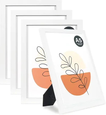 Obrázek produktu pro Sada fotorámečků, 4 kusy, formát A5, bílá barva, dřevěné rámy, pro fotografie a umělecká díla