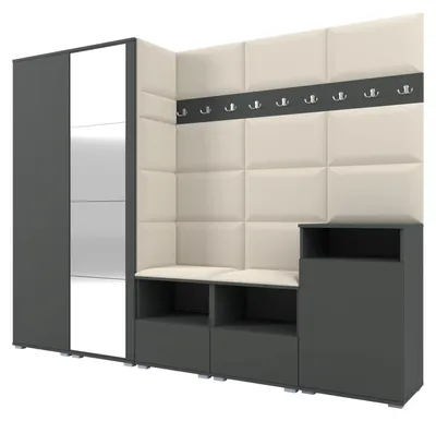 Produktbild von Garderobe NELA VIII 250 cm Modulare Flurmöbel Graphit mit Spiegel & Sitzpolster Creme 01 (Set XL)