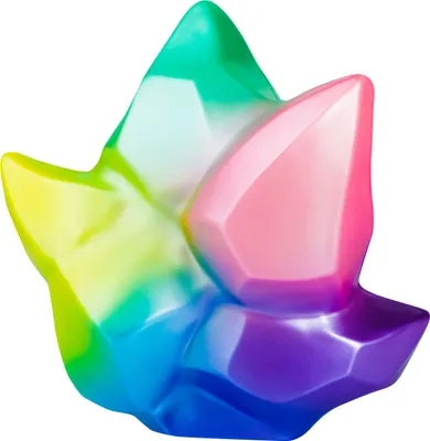 A close-up studio shot of a colorful, multifaceted crystal.
