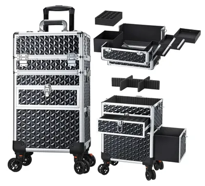 Produktbild von Kosmetikkoffer - Professioneller Make-up-Koffer mit Rollen - ABS - Große Ablagen - Mehrere Fächer - Schubladen - Schloss mit Schlüssel - Schwarz