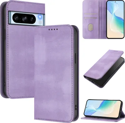 Obrázek produktu pro Pouzdro pro Google Pixel 8 Pro, vintage kožené pouzdro s RFID ochranou, přihrádkami na karty, stojánkem Fialový