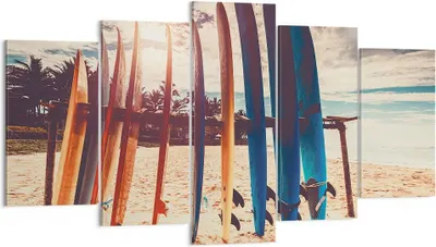 Produktbild von Bild auf Leinwand - Leinwandbild - 5 Teile - Surfen Strand Board - 160x85cm - Wand Bild - Wanddeko - Wandbilder - Leinwanddruck - Bilder - Wanddekoration - Leinwand bilder - Wandbild - EA160x85-4992