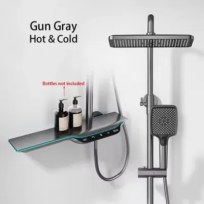 Produktbild von Thermostat Duschsystem - Regendusche Set - Digitale Temperaturanzeige - LED - Höhenverstellbar - Messing - Galvanisiert - Grau