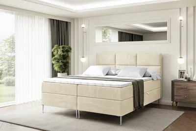 Produktbild von ALTDECOR  Boxspringbett mit Silber Füßen, Matratze und Lattenrost, Boxbett, Topper, Polsterbett mit Bettkasten, Bett mit Stauraum H4-Matratze, Doppelbett - OHIO-FS- 140x200 Beige Samt