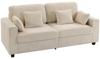 Produktbild von Beiges 3-Sitzer-Sofa mit Raindrop-Samtbezug, tiefem Sitz, Federkissen, breiten Armlehnen und 4 Kissen