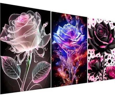 Zdjęcie produktu dla Zestaw do malowania diamentami, 3 sztuki, motywy kwiatowe, 5D, zestaw do rękodzieła, dla dorosłych, wymiar 30x40 cm