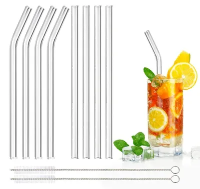 Obrázok produktu pre 8 ks sklenených slamiek, opakovane použiteľné, priehľadné, dĺžka 20 cm, s 2 čistiacimi kefkami