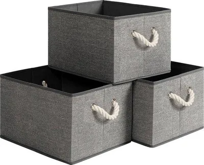 Produktbild von Unyqoos® Aufbewahrungsboxen 3er-Set – faltbare Stoffboxen ohne Deckel, 40×30×25 cm, Leinenoptik Grau, mit Baumwollgriffen und Pappboden